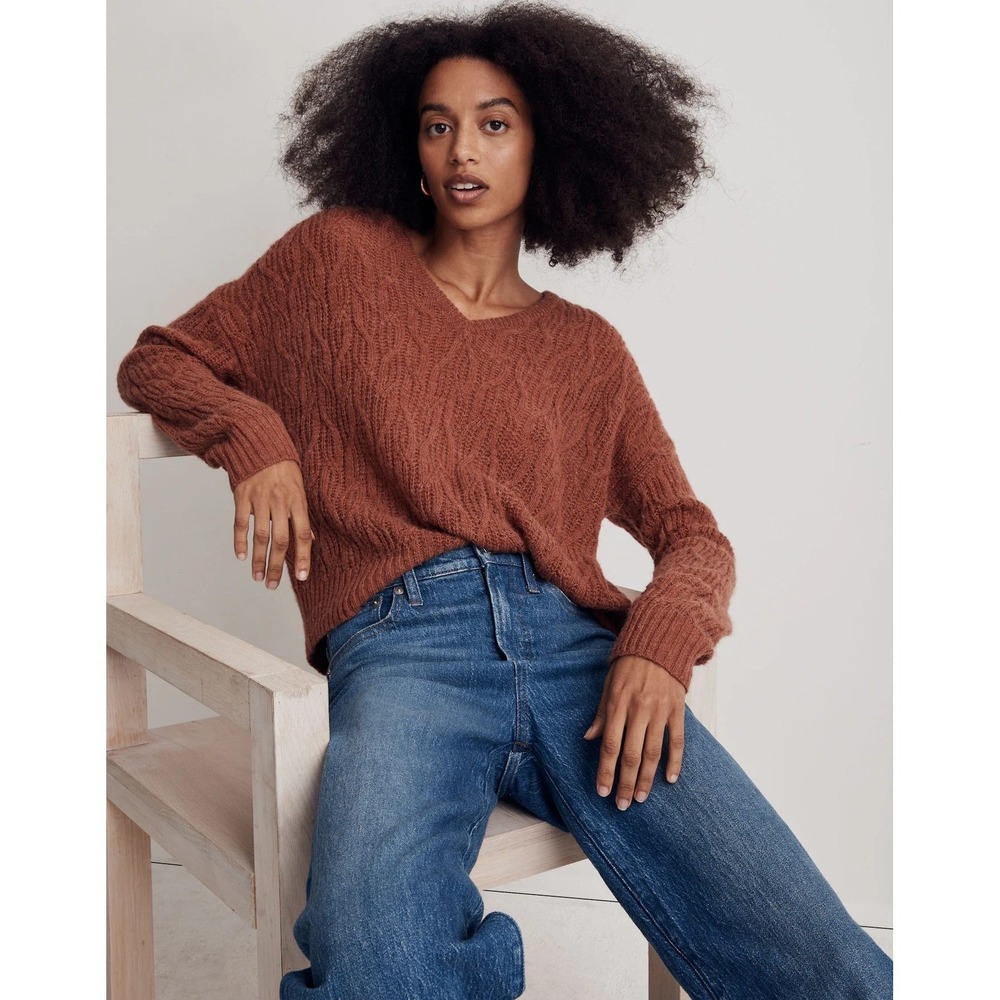 Madewell Cable Knit V Neck Pullover Sweater Brown Knitwear Soft Cozy